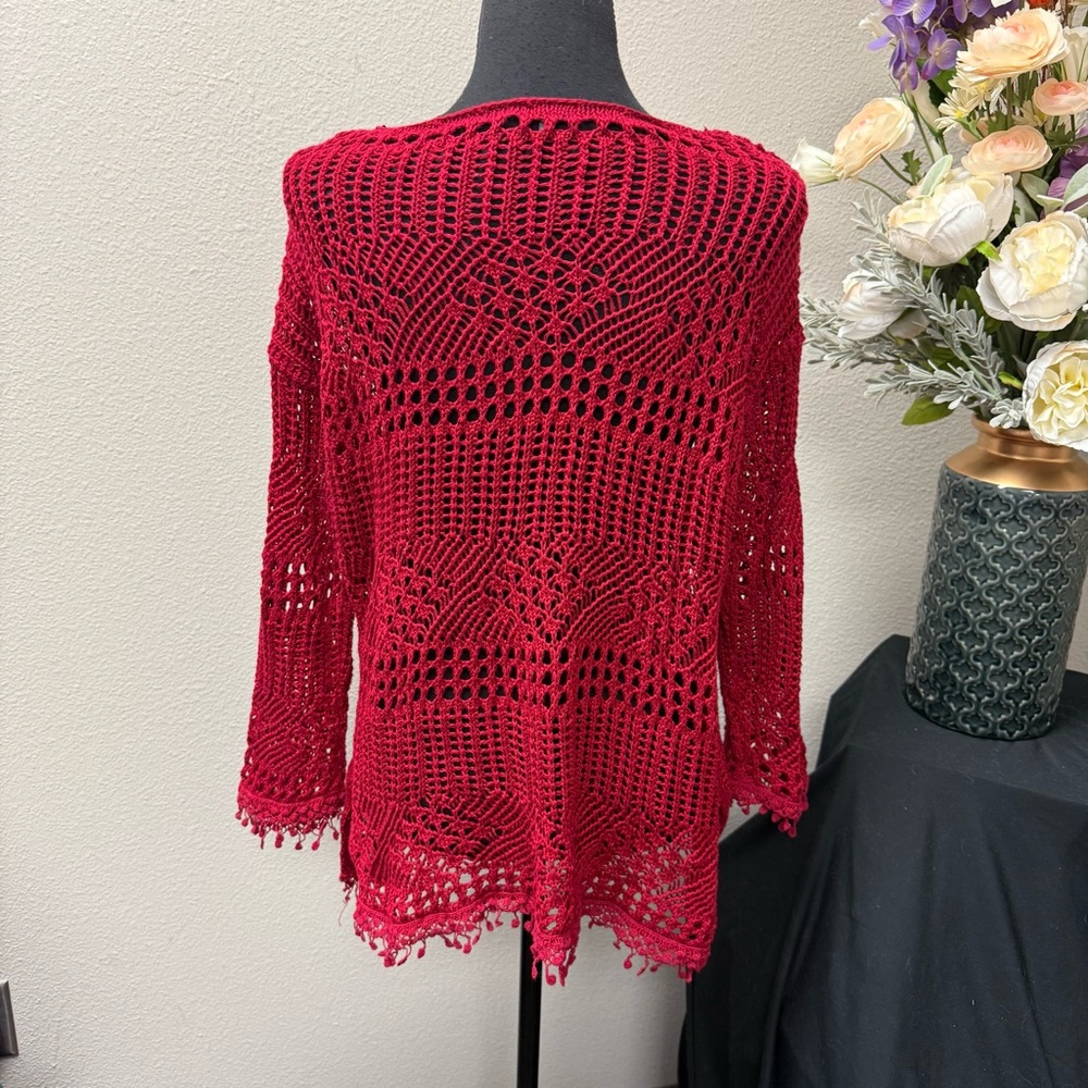 Hannah Red Crochet Knit Boho Sheer Long Sleeve Tunic Top Cover Up Size L - Picture 3 of 7